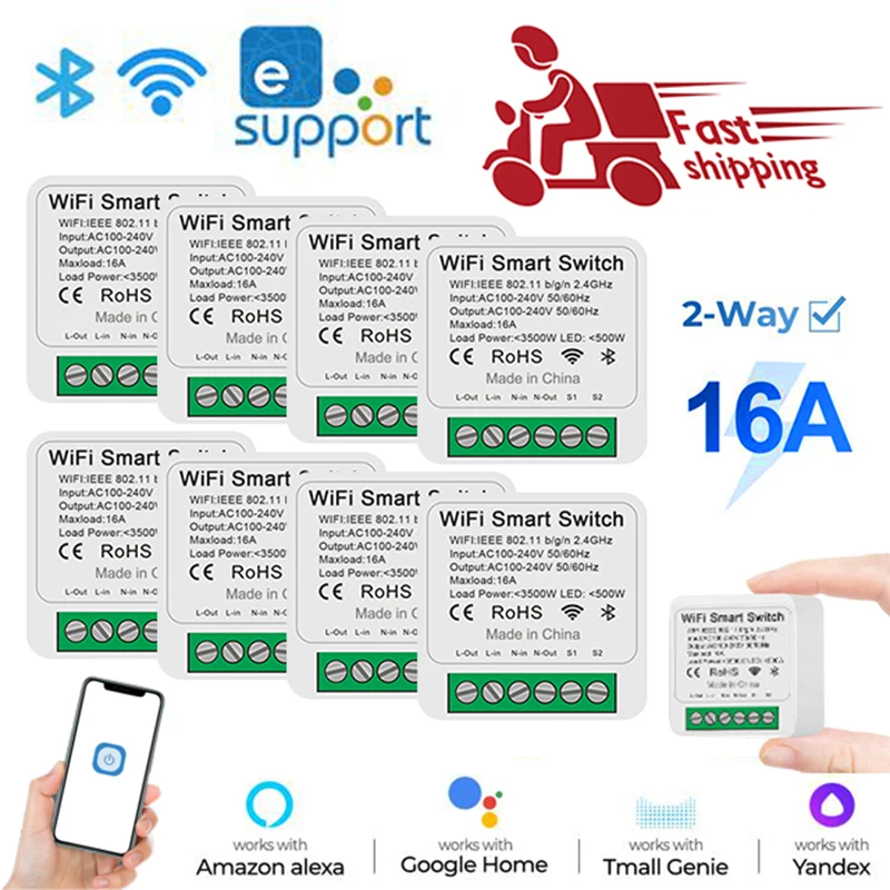 16A Wifi Wireless Switches 2 Way Control Mini Smart Light Switch Relay Voice Module APP Control with EweLink Alexa Google