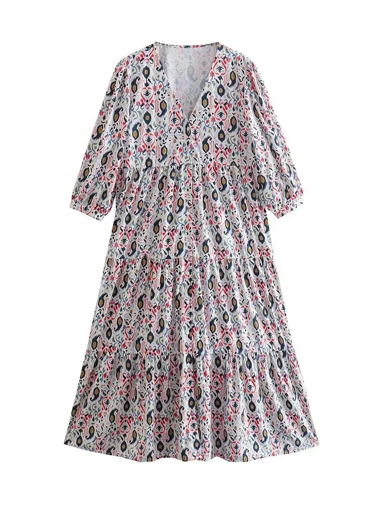 

XEASY 2022 Women Summer Fashion Print Dress Vintage Three-quarter Sleeve V-Neck Female Midi Dress