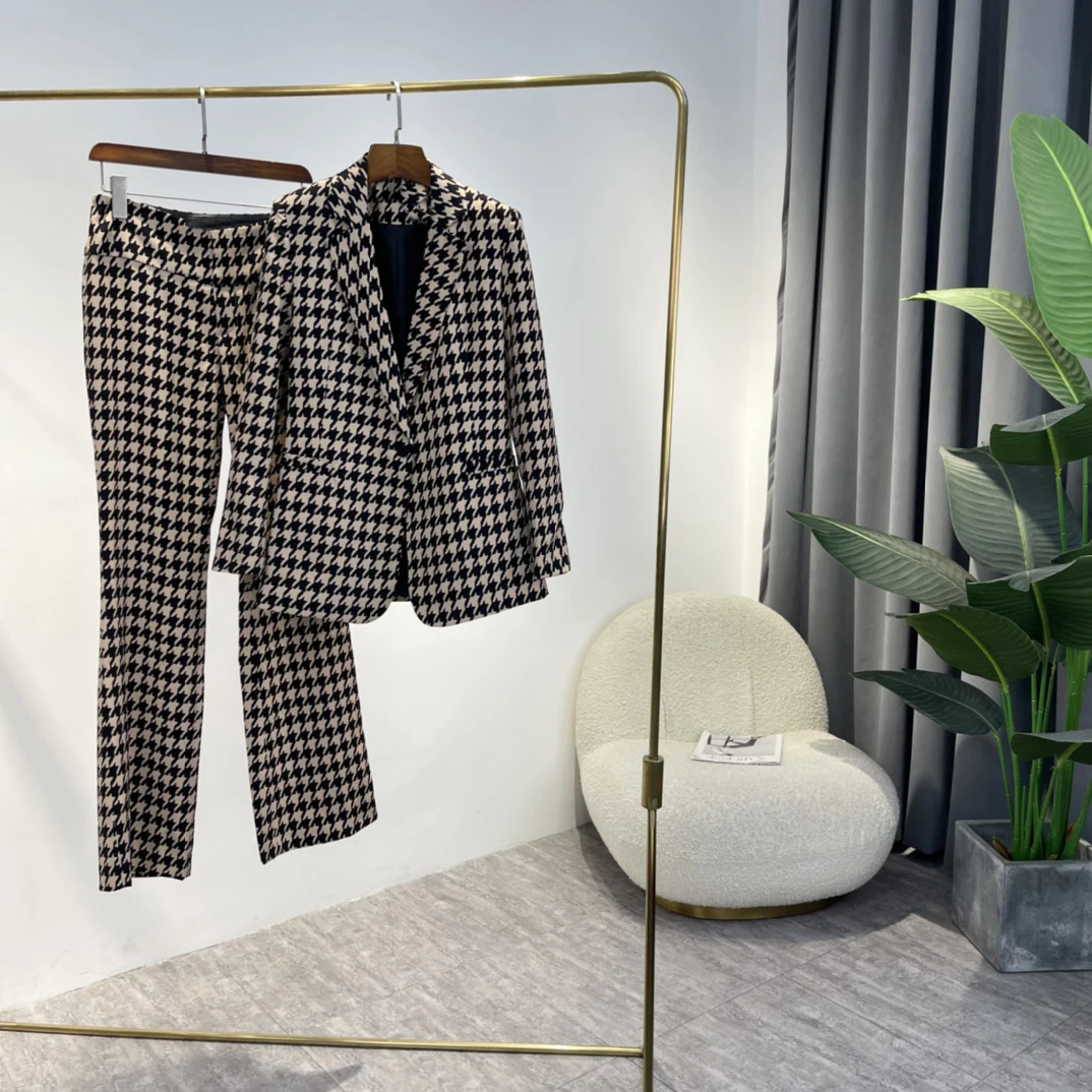 

Designed Original 2022 New Spring High Quality Houndstooth Print Slim Single Button Blazer Flare Full Pants Woman Matching Set