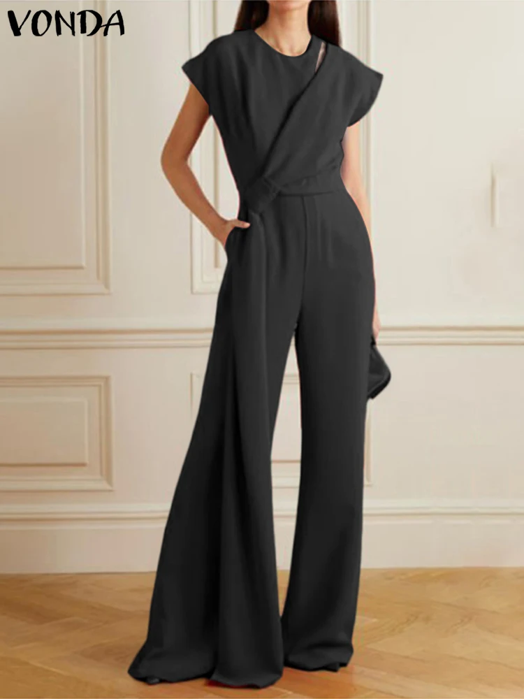 

VONDA 2022 Summer Casual Playsuits Fashion Women Long Jumpsuits Sexy Short Sleeve O Neck Split Solid Color Party Flared Pants