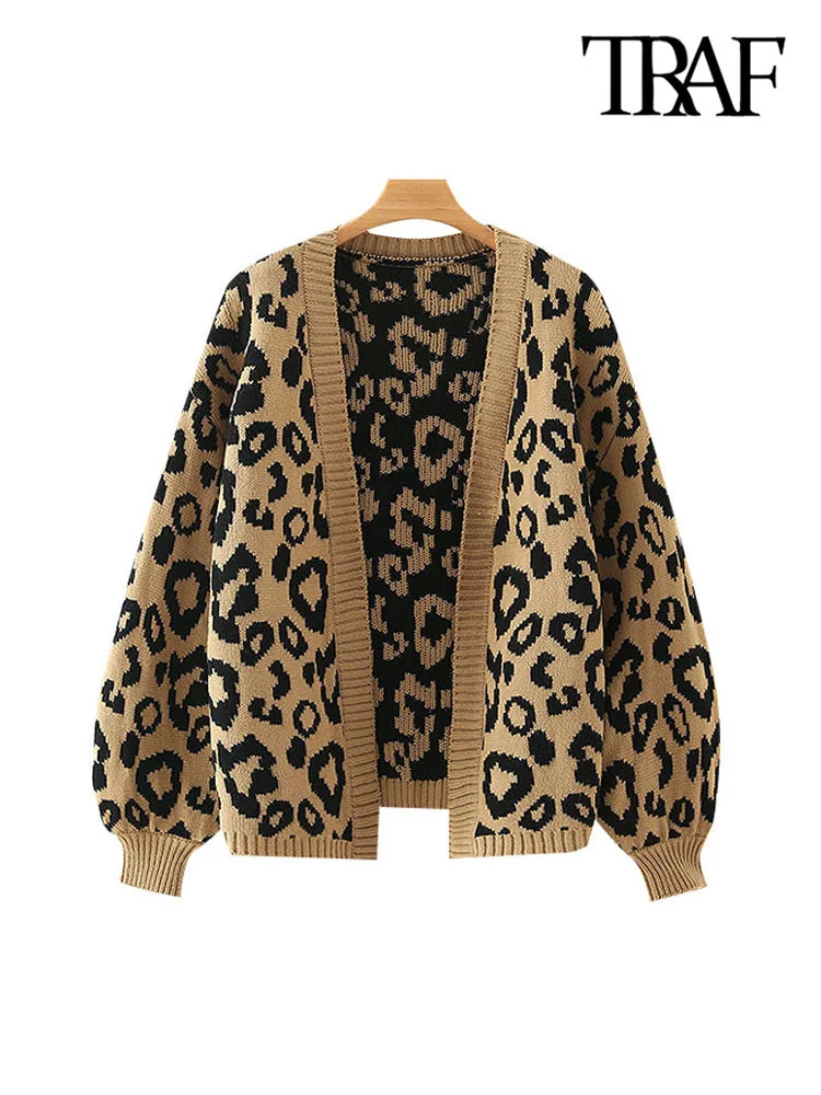 

Women Fashion Leopard Pattern Loose Knitted Cardigan Sweater Vintage Lantern Sleeve Female Outerwear Chic Tops