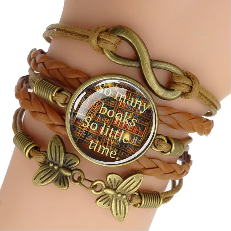 

So Many Books, So Little Time , Book Jewelry Brown Weave Bracelet Glass Cabochon Bracelet Gift for Reader Writer