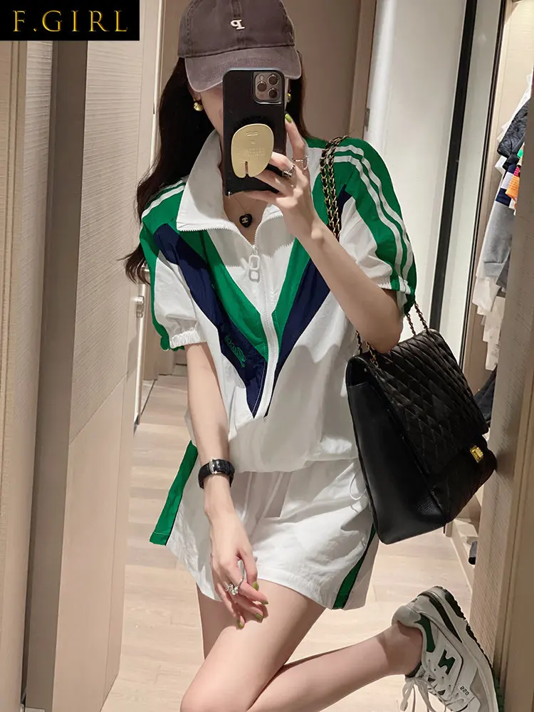 

Summer Suits Women 2023F GIRLS Fashion Casual Sports Suit Women 2023 New Thin Polo Neck Coat Tops+Elastic Waist Shorts Short Sle