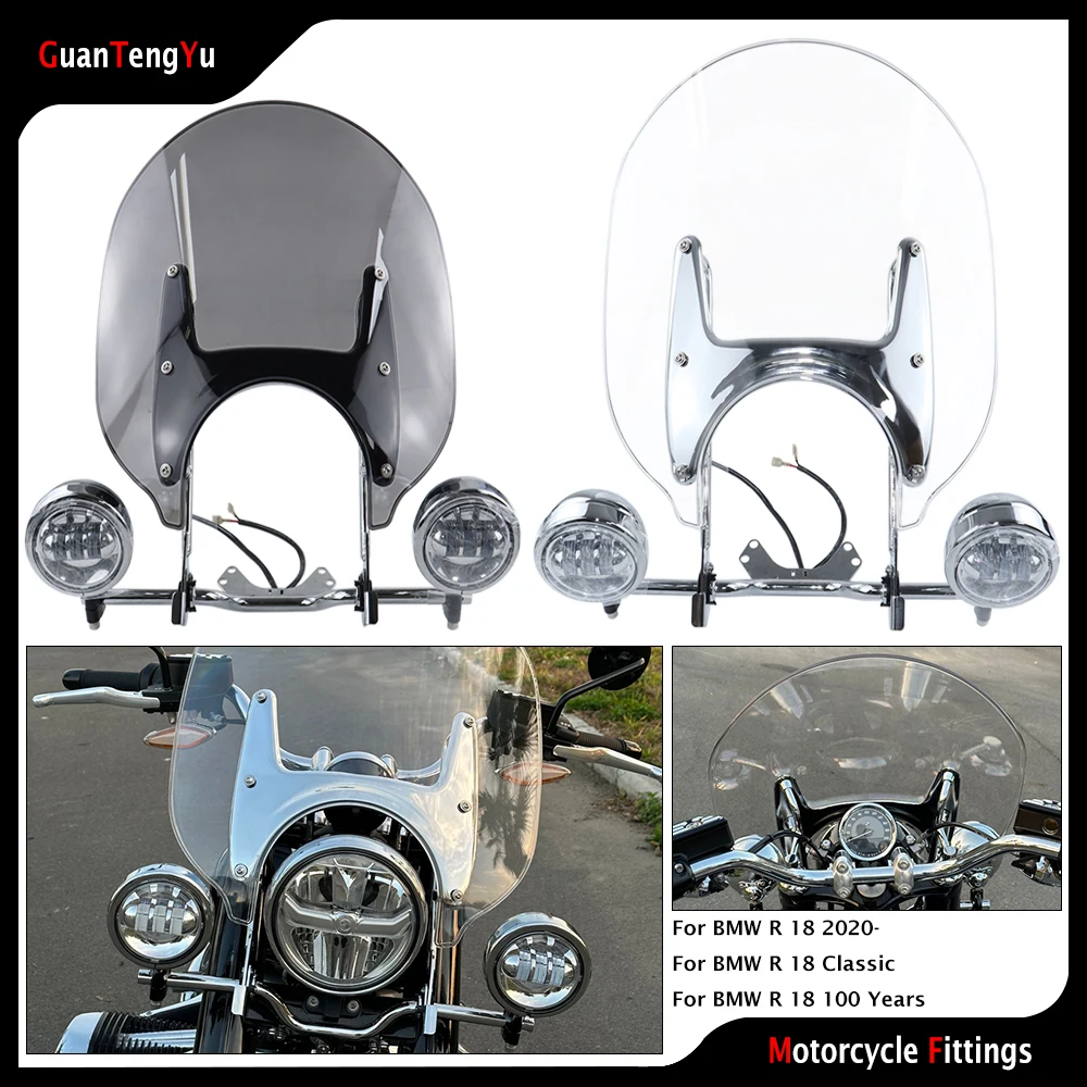 

Motorcycle Transparent Windscreen With Fog Light Bracket Kit For BMW R18 100 Years R 18 Classic Cruising Windshield - Smoky Grey