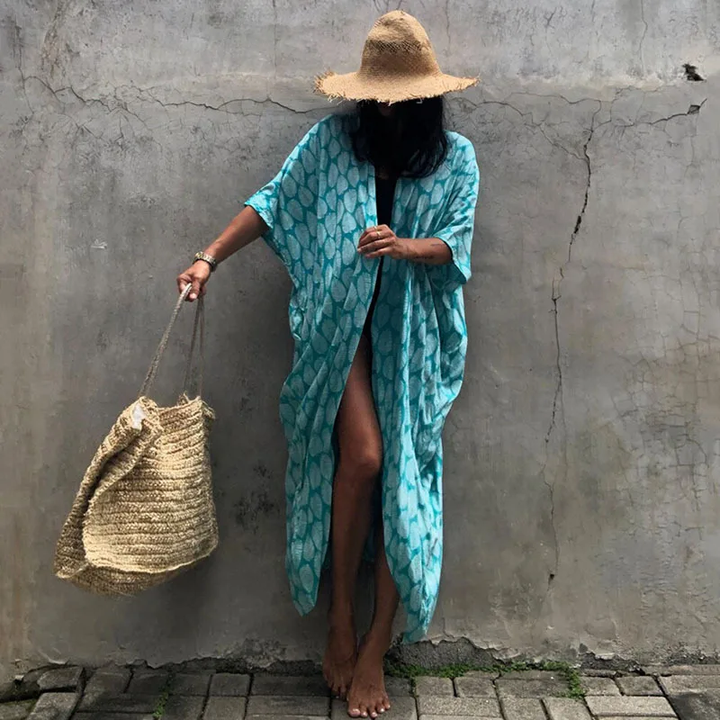 

Retro Print Bikini Cover-ups Self Belted Women Summer Cardigan Kimono Dress Beach Wear Swim Suit Cover Up Robe De Plage