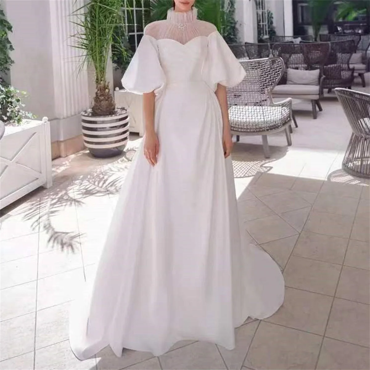 Купи High Neck Floor-Length Half Sleeves Mangas Abullonadas A-line Hall Wedding Dress Vestidos De Novia Formales Para La Iglesia 2023 за 20,798 рублей в магазине AliExpress