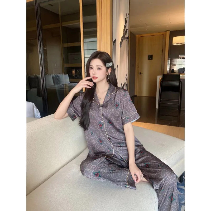 2023 Summer New Ice Silk Pajamas Women's Fashion Printed Homewear Short-Sleeved Trousers Trendy Suit