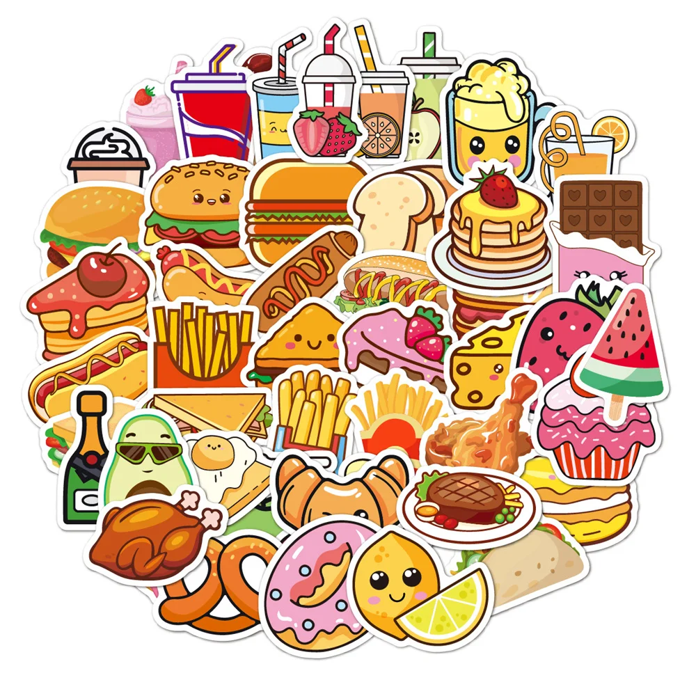 

10/30/50PCS Cartoon Burger Fries Food Sticker For Luggage Laptop Ipad Skateboard Journal Mobile Phone Sticker Wholesale