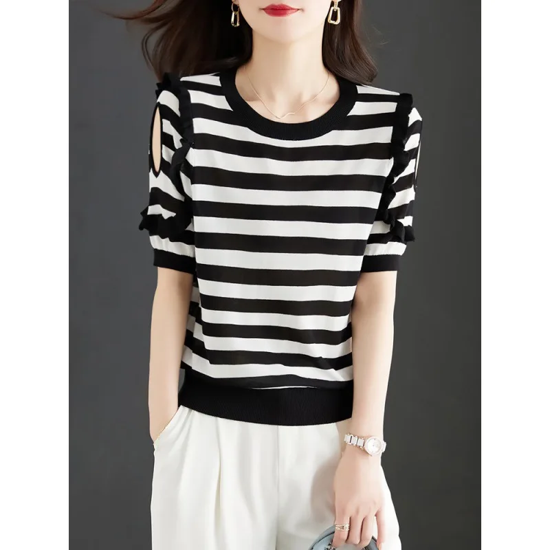 Women's Short-Sleeved T-shirt Summer 2023 New High-Grade Striped Sweater T-shirt Women's Ice Silk Design Blouse