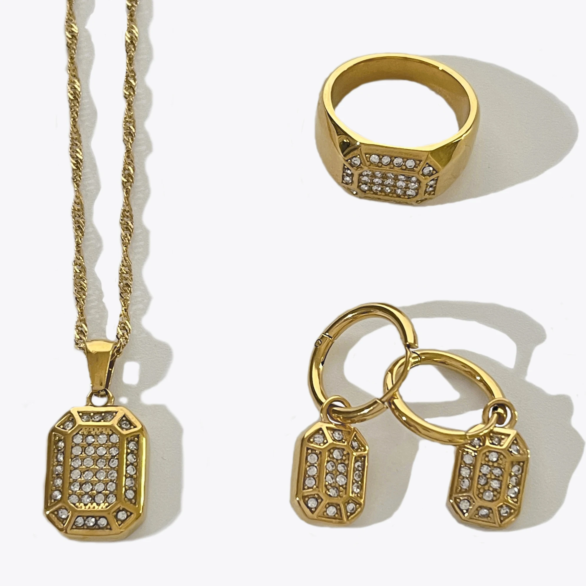 

Peri'sbox Stainless Steel Pave Cz Crystal Rectangle Pendant Necklace Earrings Jewelry Set 18K Gold Pvd Plated Signet Rings Wide