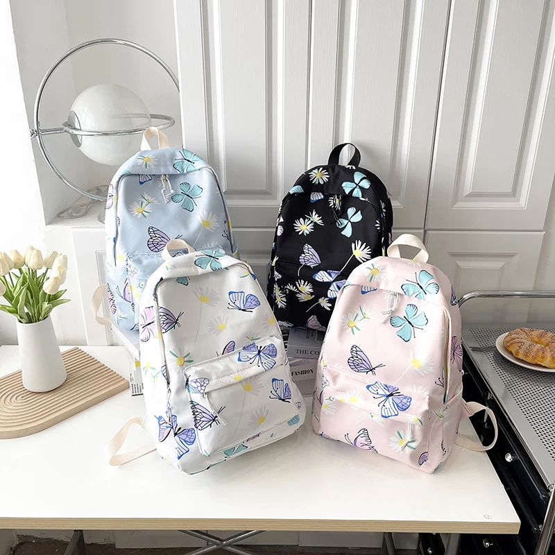 

Nylon School Backpack Butterfly Teens School Bag for Girls Backpack Women Bookbags Student Schoolbag Large Black Cute Bagpack