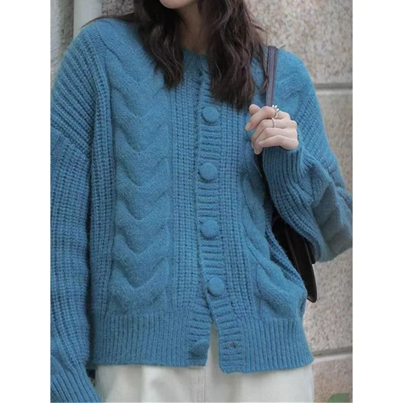 

Autumn and Winter New Fashionable Women Vintage Knitted Cardigan Round Neck Fried Dough Twists Soft Waxy Sweater Coat Women