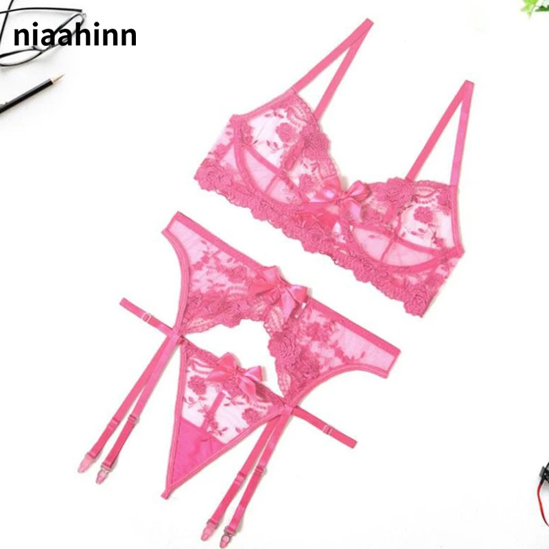 

Women's Lace Embroidered Erotic Underwear Thin Section See-Through Garter Belt Thong Sexy Lingerie Temptation Bra Set Costumes