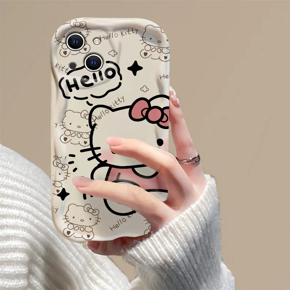 Мультяшный чехол Hello Kitty с объемными волнами для iPhone 15 14 13 12 11 Pro Max Mini X XR XSMAX 8 7 6S Plus
