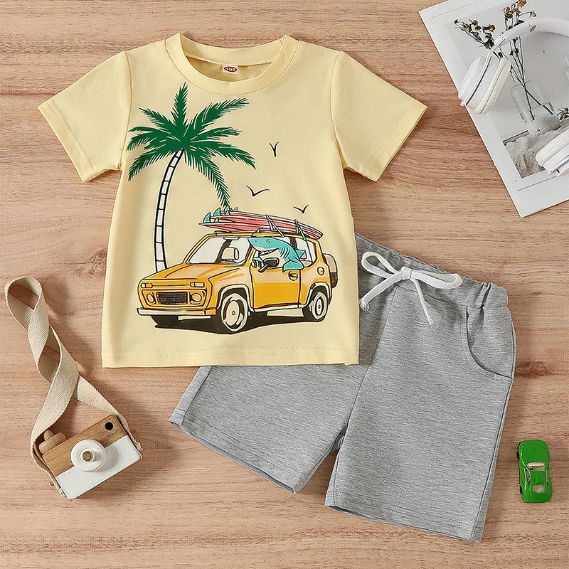 

2Pcs Kids Clothes Boys Summer Outfits, Short Sleeve Shark Truck Print Tops + Shorts Set Toddler Children's Clothing