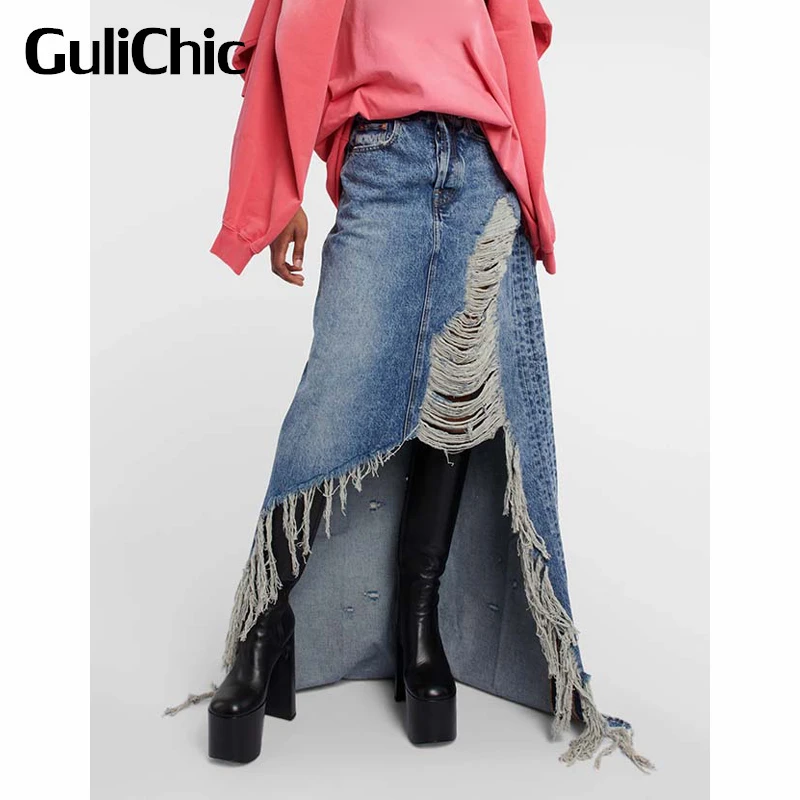 

4.11 GuliChic Street Fashion Irregular Ripped Frayed Tassel Hole Bleached Split Denim Maxi Skirt Women