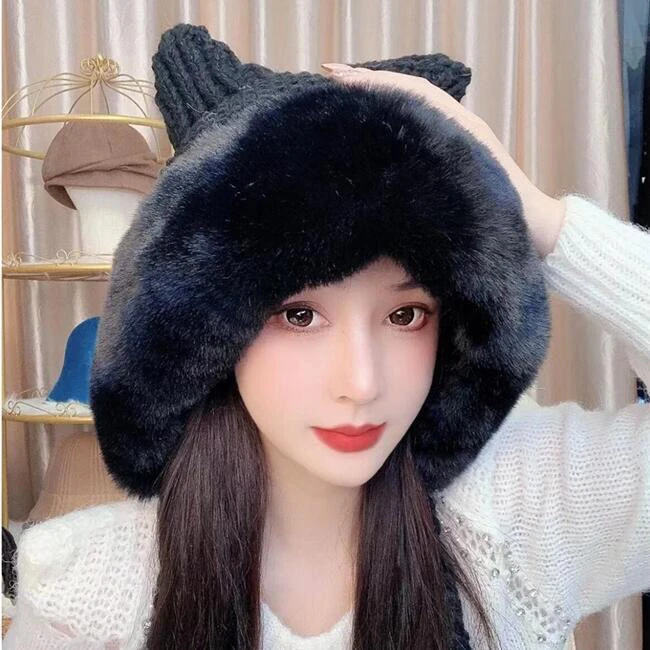 

Winter Cute Cat Ears Women Plush Thickened Knitted Imitation Fur Tassel Braid Girl Coarse Hat Outdoor Warmth Black