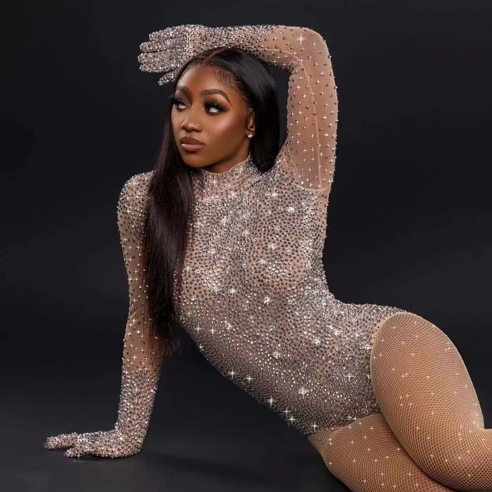 

Luxurious Crystals Leotard Sexy See Through Crystal Bodysuit Women Evening Prom Party Birthday Outfit Dance Costume Stage Wear