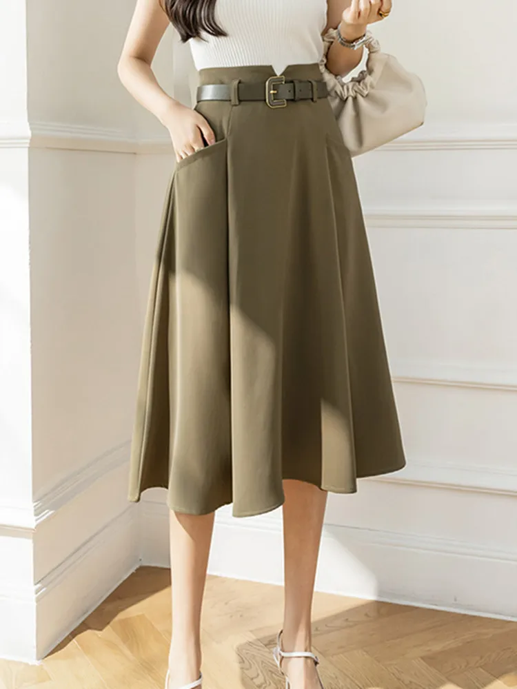 

Solid Skirts Women Mid-Calf High Waist Korean Style Elegant College Spring Autumn All-Match Jupe Mujer Faldas Female Ins