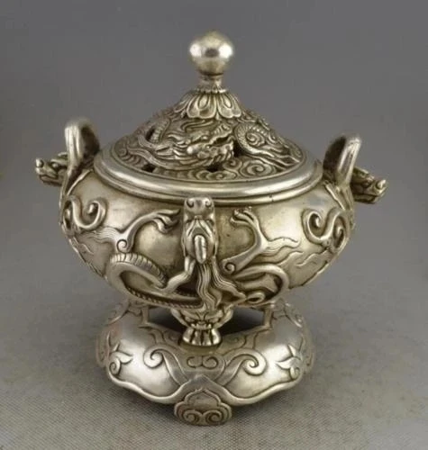 China silver finely dragons decorative pattern incense burner censer statue