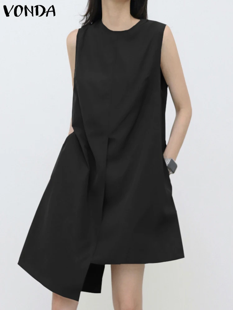 

VONDA Summer Casual Pleated Vestidos Women Summer Sexy Sleeveless Beach Sundress Vintage O Neck Solid Midi Vestidos Oversize