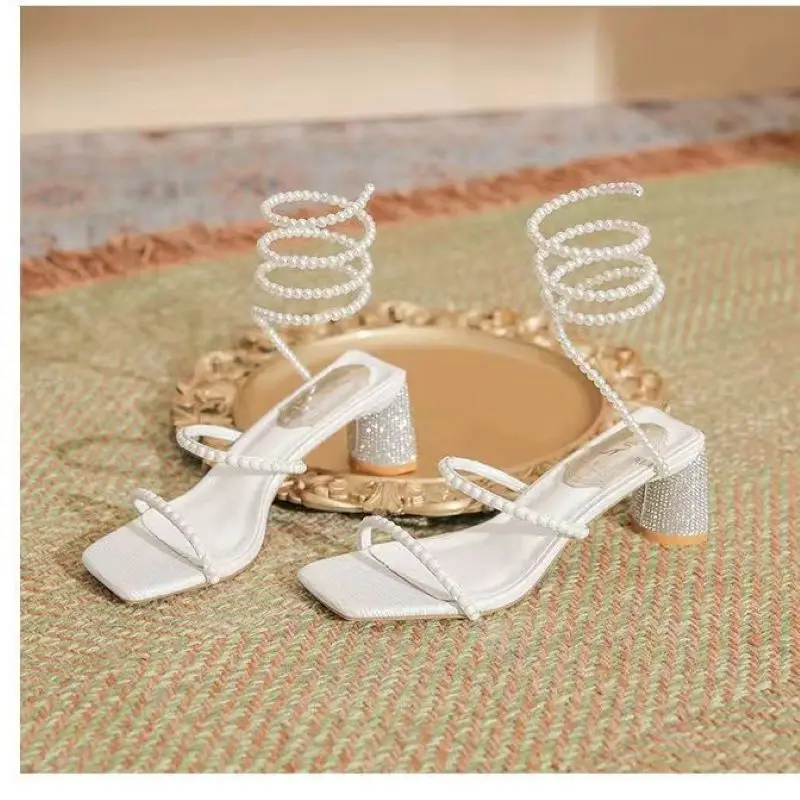 Xibeilove 2023 Summer Women's Wedding Bride Party Shoes Luxury Square Headed Rhinestone Pearl Wrapped Mid Heel Sandals