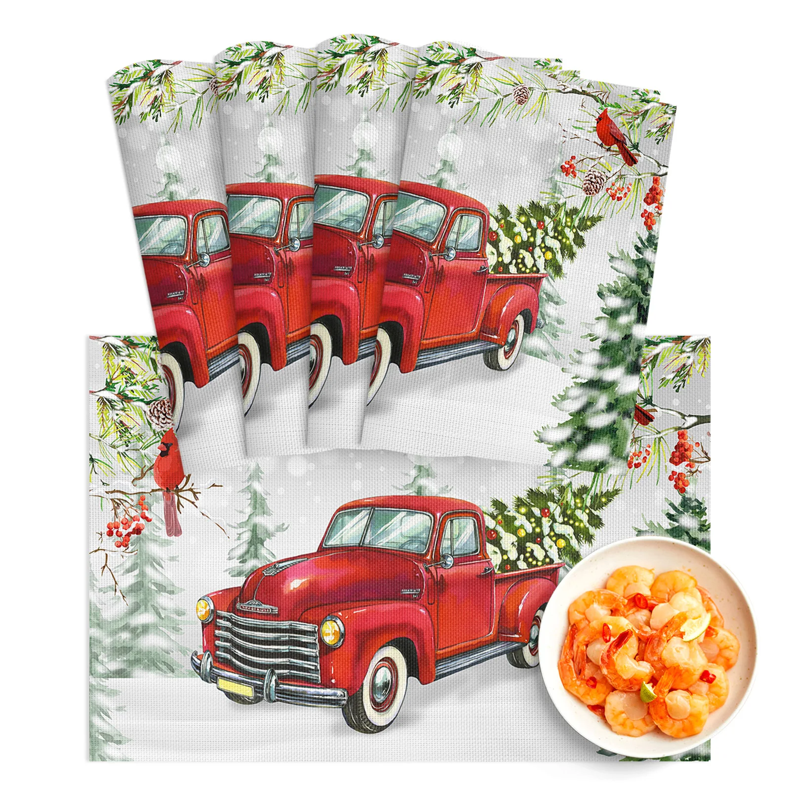 

4/6Pcs PVC Placemats Christmas Truck Berry Snow View Cardinal Dining Disc Pads Bowl Coasters Plate Bar Kitchen Coffee Table Mat