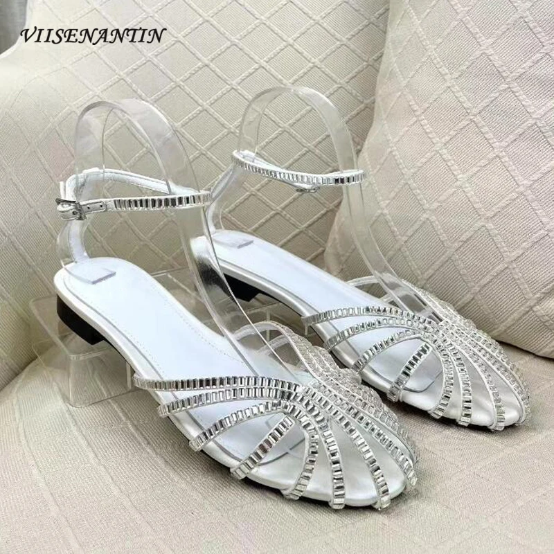 

Сандалии на плоской подошве для женщин, шёлковые, серебристые, балетки с закрытым носком, летняя модельная обувь для отдыха