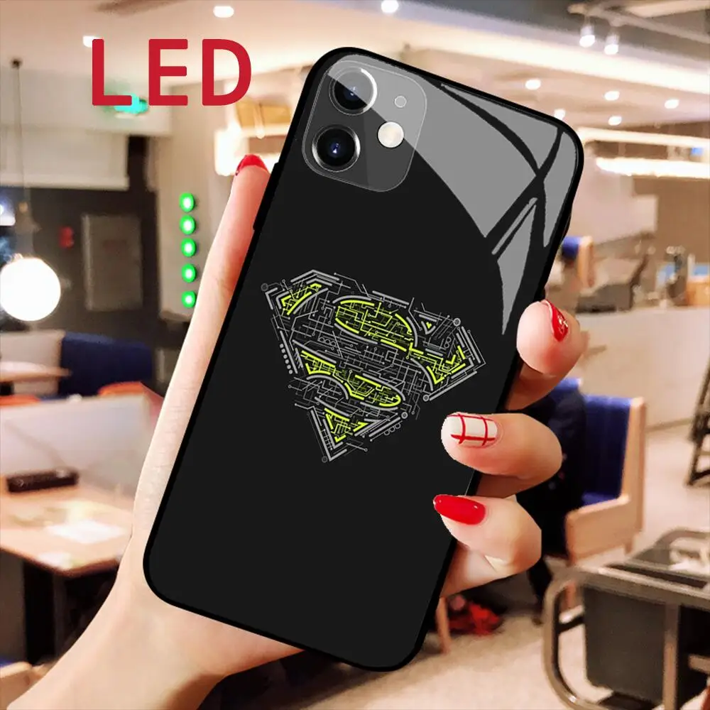 Marvel Iron Man Batman Glass phone Case For IPhone 13 12 11 Pro Max XR X  Max 8Plus 7plus LED new technology Light Flash cover