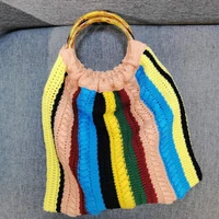 candy fashion striped handbags for women cotton casual summer ladies top handle bag bamboo round large female purse girls clutch