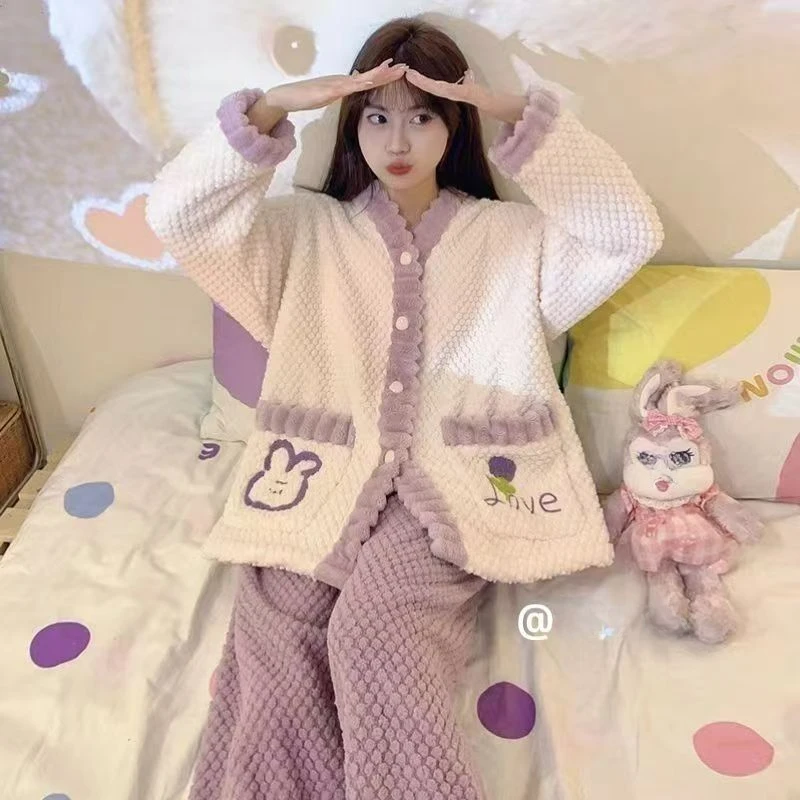 Новая коралловая бархатная пижама женский комплект сладкий ветер зима с