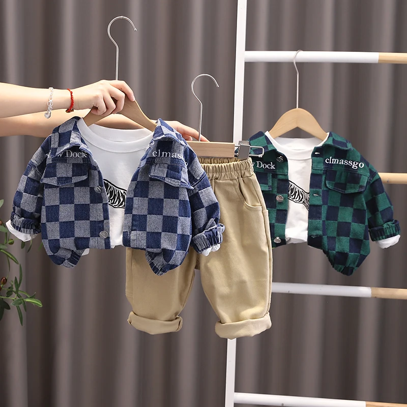 

Autumn New Baby Boy Fashion Plaid Jacket Top Suit Trend Warm 3-piece Set