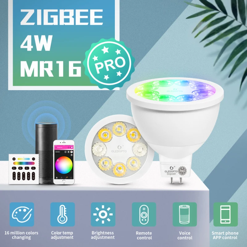 

1-ZigBee 3.0 Smart MR16 Spotlight 4W RGB CCT Dimmable LED Lamp Alexa Voice Work With Zigbee Gateway Support RF Control