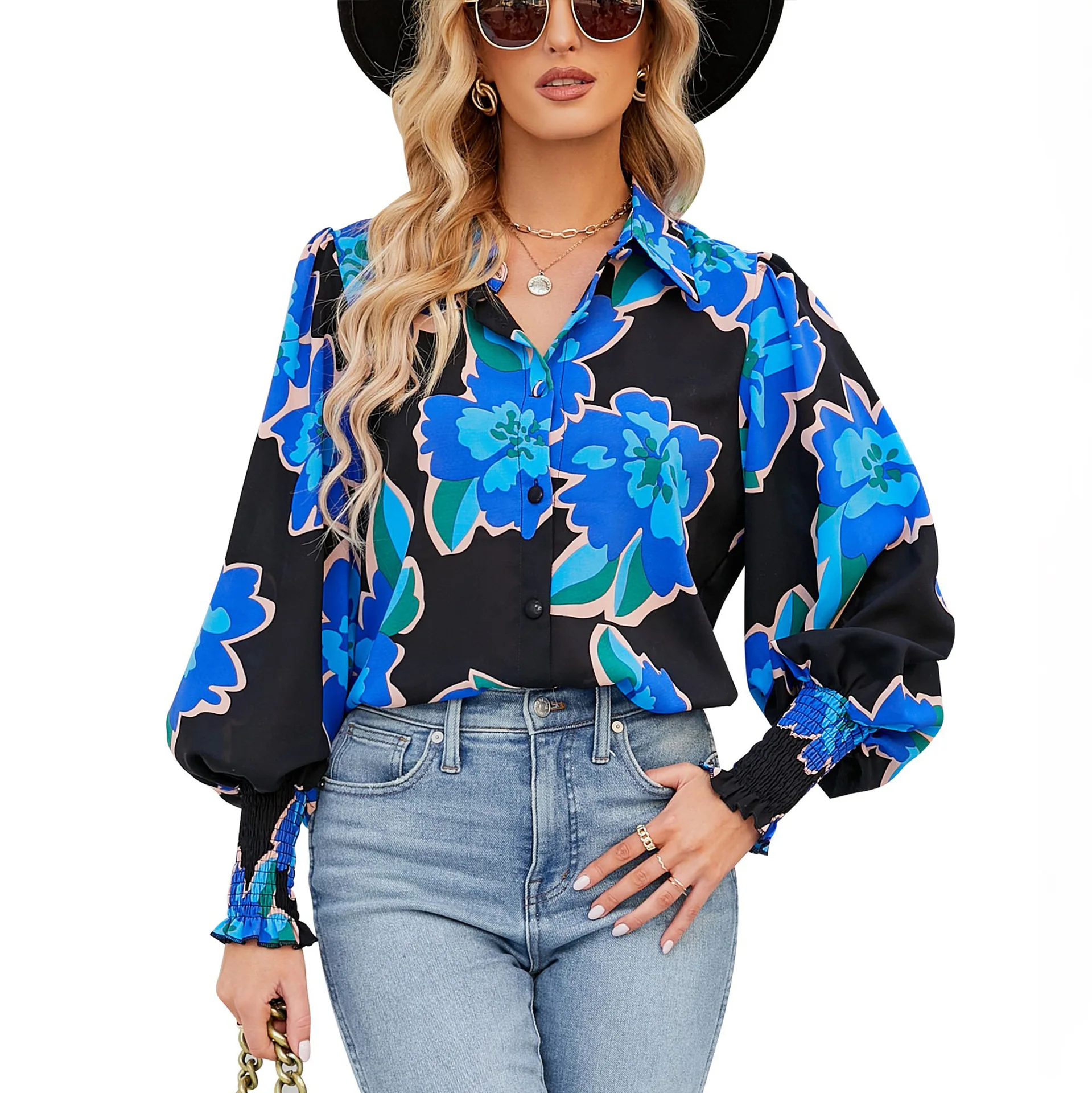 Women's Clothing 2023 Spring and Summer New Tops Casual Printing Bubble Shoulder Lantern Long-sleeved Shirt Women Tops