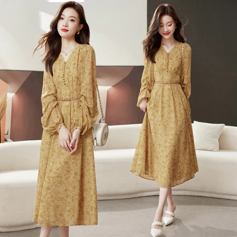 

Fashionable V-neck chiffon floral dress for children's autumn 2023 new waistband A-line slimming high-end temperament long dress