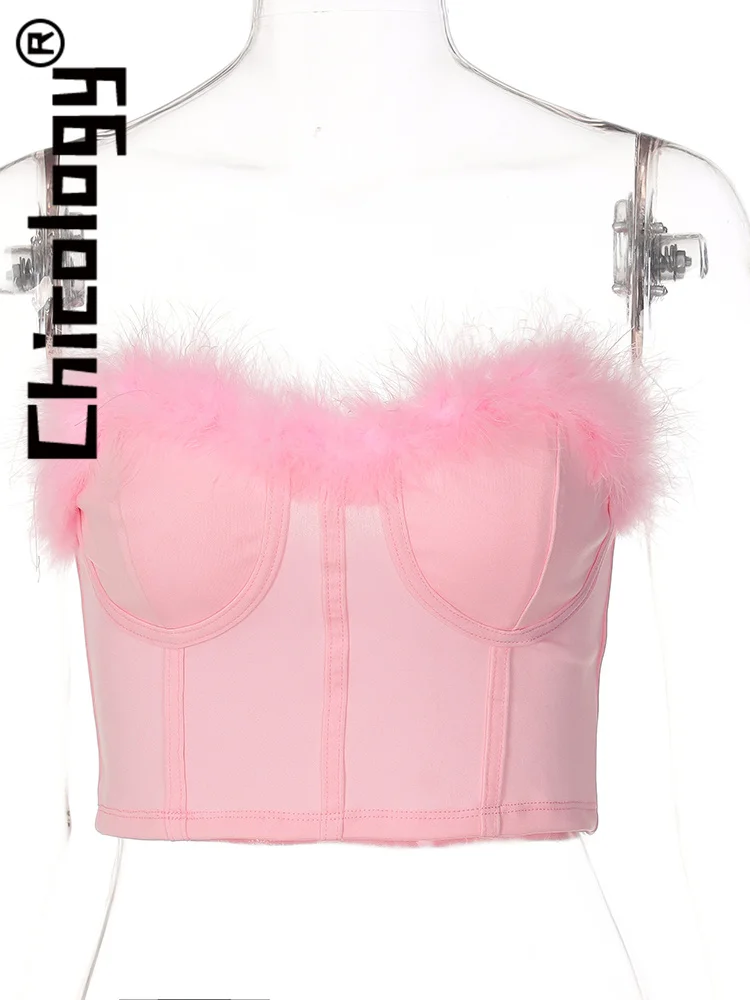 Chicology 2022 женский укороченный Топ без бретелек с перьями однотонный корсет Y2K