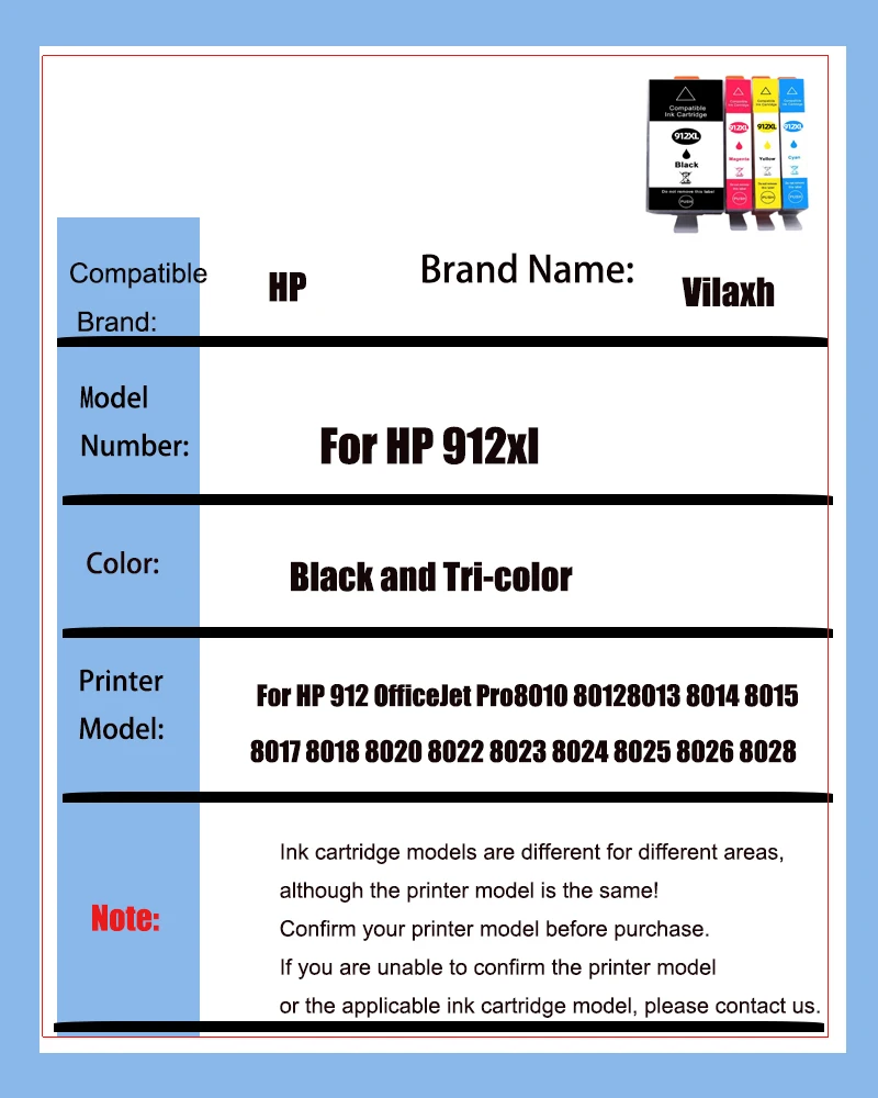 Картридж для hp 912xl 912 картридж OfficeJet 8010 8012 8013 8014 8015 8017 8018 8020 8022 8023 8024 8025 8026 8028 8035 4 шт.