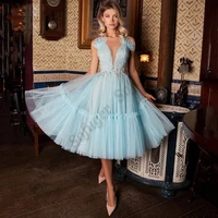 sky blue evening dresses tiered short deep v neck pleat formal prom gowns women special party fluffy custom made vestidos