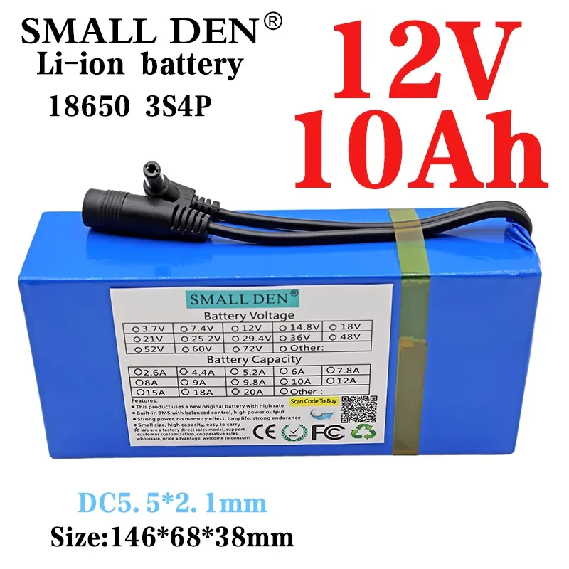 

12V 10Ah 18650 Rechargeable Lithium Battery Pack 12V Backup Power 12V Toy Car 12V Equipment Portable Battery +12.6V 1A Charger