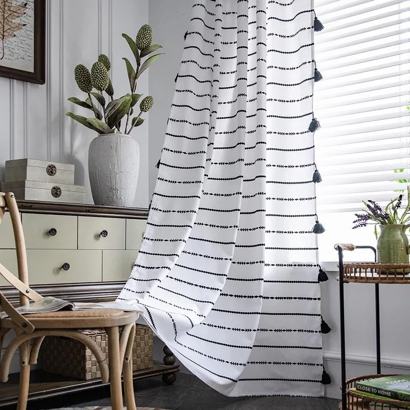 American Curtains Bohemian Black Stripes Printed Handmade Large Hanging Spikes Translucent Three Ways Rod Punch Hook |