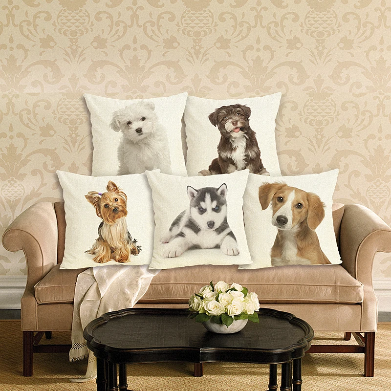 

New Home Decor Lovely Dog Printed Cushion Cover Linen Pillowcase Decorative Throw Pillow Cover for Sofa Cushion Case