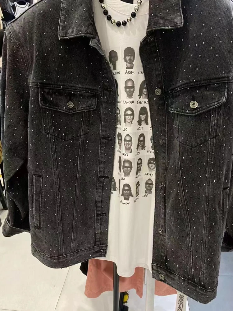 BKQU Женская Блестящая куртка большого размера черные джинсовые пальто 2024 модное