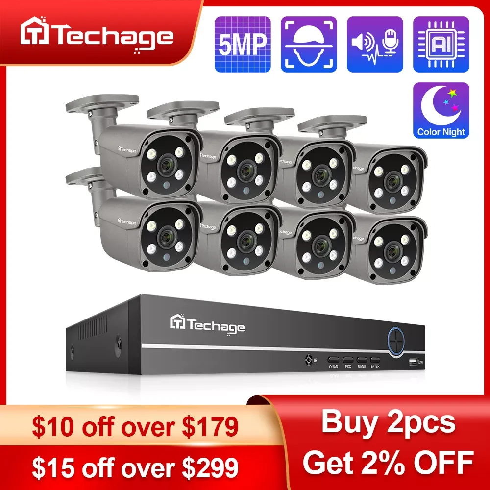 

NEW2023 Techage Security Camera System 8CH 5MP HD POE NVR Kit CCTV Two Way Audio AI Face Detect Outdoor Video Surveillance IP Ca
