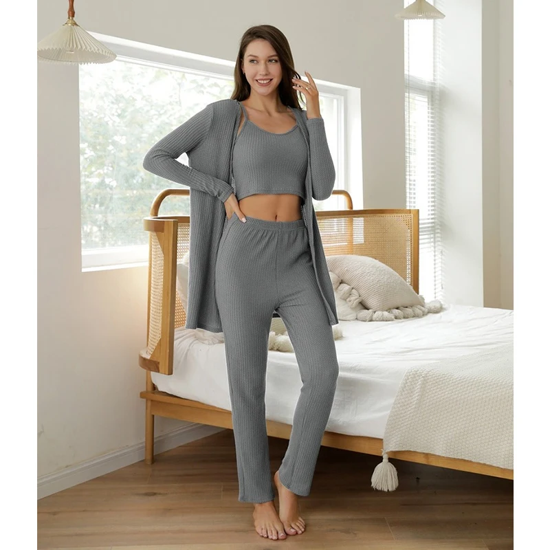 QWEEK Pajamas for Women Three Piece Suit for Female Knitting Waffle Solid Color Sling Long Sleeve Homewear Autumn Winter Pijamas