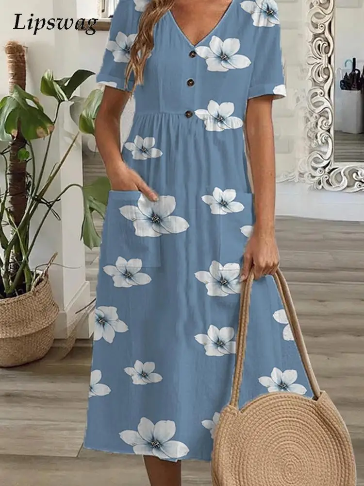 

Женское винтажное платье с принтом, офисное платье с коротким рукавом и пуговицами, повседневное свободное платье-трапеция, вечерние 2022