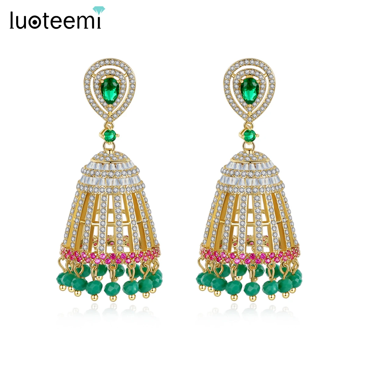 

LUOTEEMI Ethnic Style Big Dangle Drop Earrings Colorful AAA CZ Inlaid Green Beads Tassle Bridal Indian Fashion Jewelry Brincos