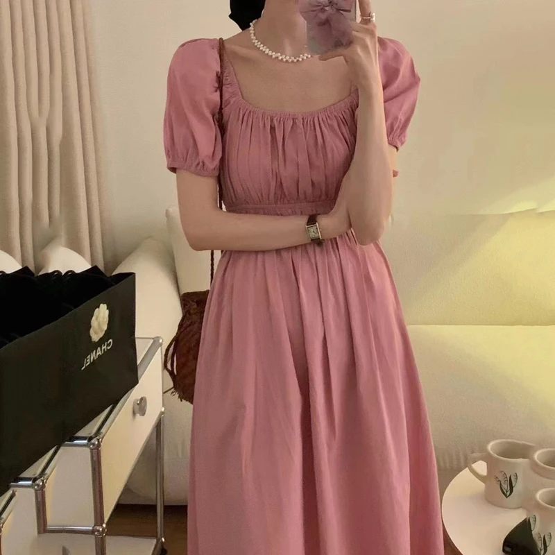 

Korean Chic Gentle Style Elegant Clavicle Waist Hugging Dress Women's Summer New French Style Sweet Puff Sleeve Dress