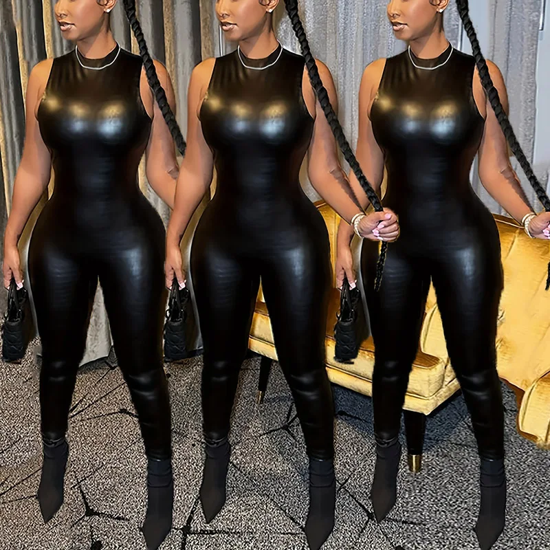 Сексуальный женский эластичный комбинезон без рукавов с круглым вырезом в