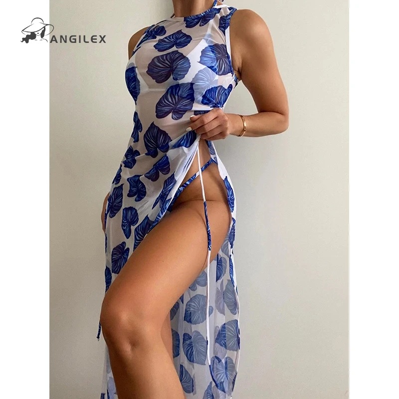 

Bikini Floral Print Three Piece Blue Sleeveless Sexy Bikini One Piece Swimsuit Cover Up Green Red Summer Beach Bikini Set