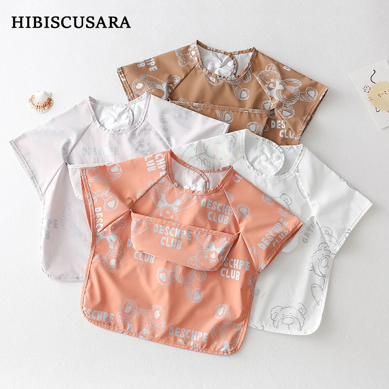 Waterproof Soft PU Bibs For Kids Children Summer Short Sleeve Smock Art Crafts Painting Mealtime Protection Bib Apron Easy Clean